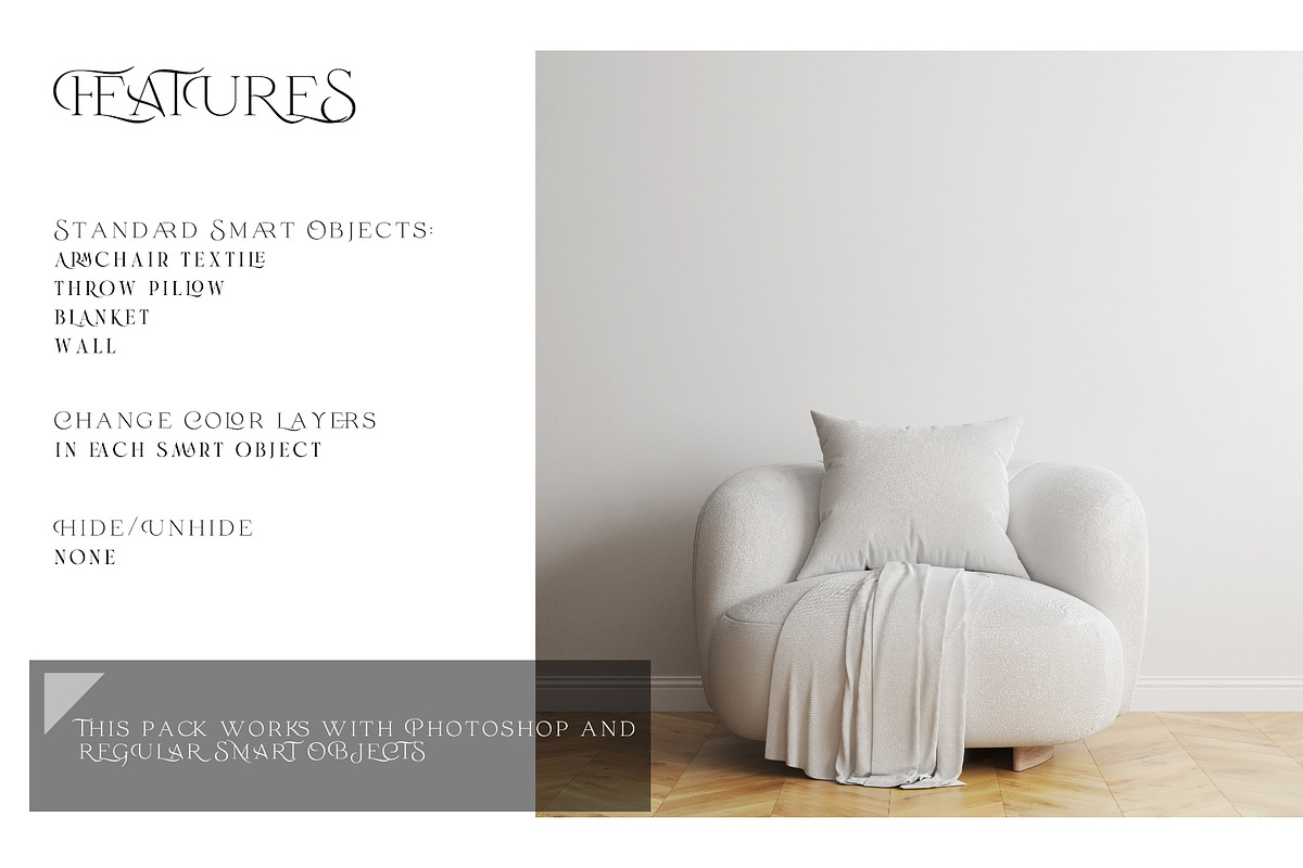 Armchair Upholstery Pillow & Blanket, a Product Mockup by mock-ups (Photo 3 of 10)