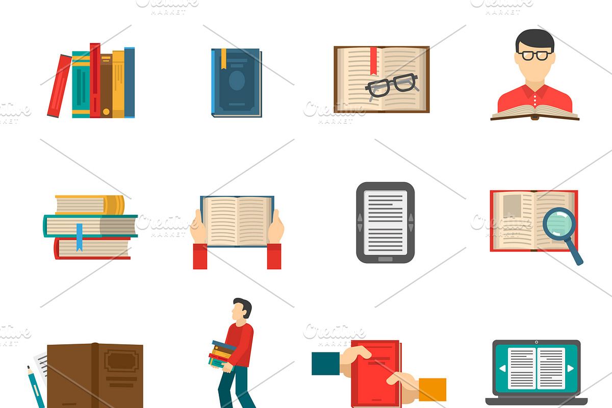 Library flat icons set, an Icon by Macrovector | Creative Market
