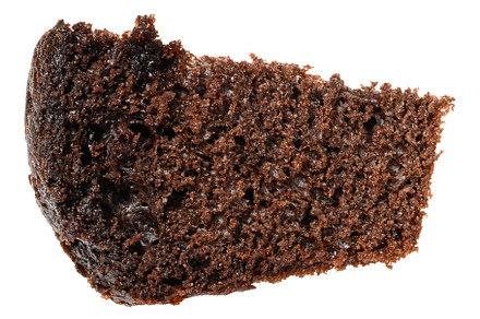 A textured, irregular piece of dark chocolate cake with a porous