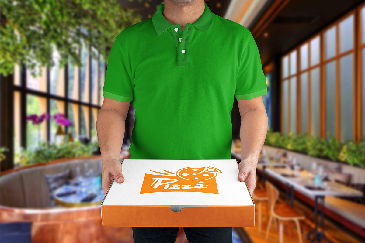 Pizza delivery by courier MockUp, a Merchandise Mockup by PSD Market (Photo 2 of 16)