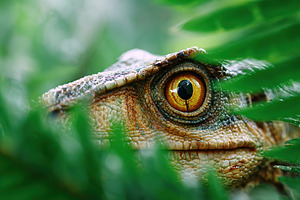 Close-up view of a Velociraptor concealed among lush foliage in a dense prehist, an Animal Photo by AlyaAnd