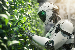 Robot interacts with greenery in fut, a Photo by Tanuart