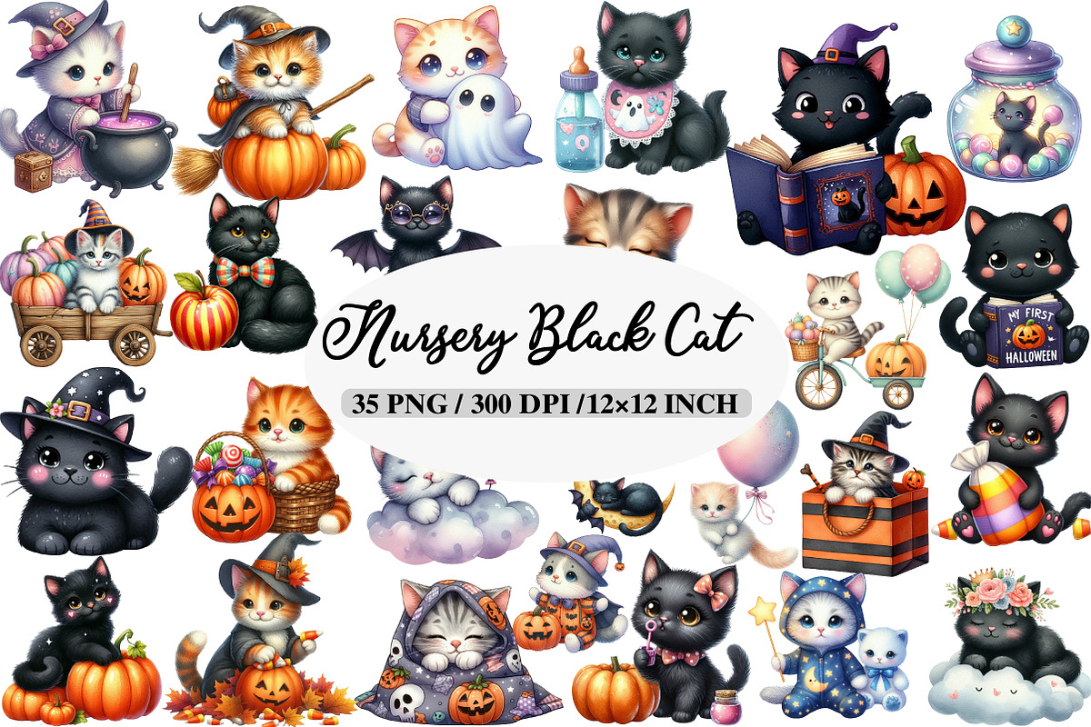 Nursery Halloween Black Cat Clipart, an Illustration by Daily.Designs (Photo 1 of 5)