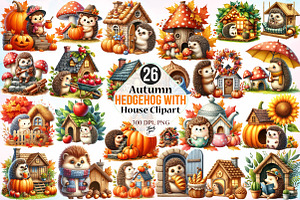 Autumn Hedgehog with House Clipart, a Seasonal Illustration by Canvas Craft