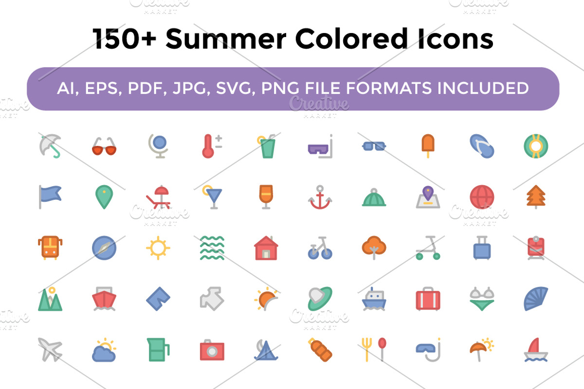150+ Summer Colored Icons, an Icon by Vectors Market