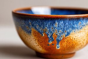 Blue and orange crackle glaze ceramic bowl close-up, a Food & Drink Photo by AlyaAnd