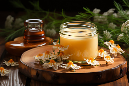 An open glass jar of creamy honey, a Food & Drink Photo by Elena Vagengeim