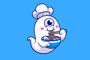 Cute Ghost Chef Eating Ramen Noodle, a Food Illustration by Catalyst Labs