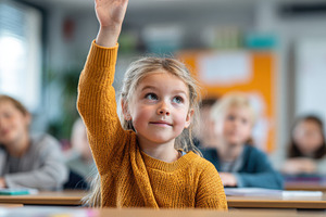 Child raising hand in classroom, a Photo by Beautiful things