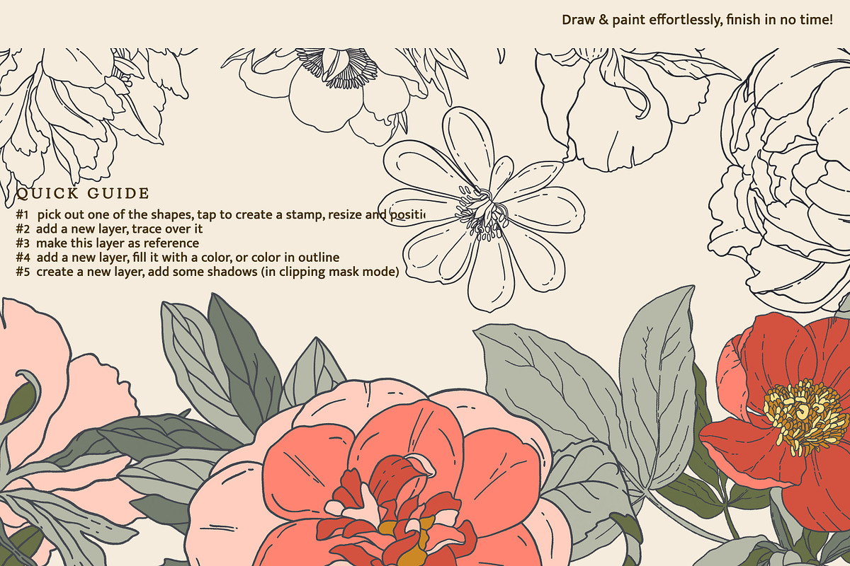 Peony stamp brush set for Procreate, a Brush Add-On by Pink Studio Art