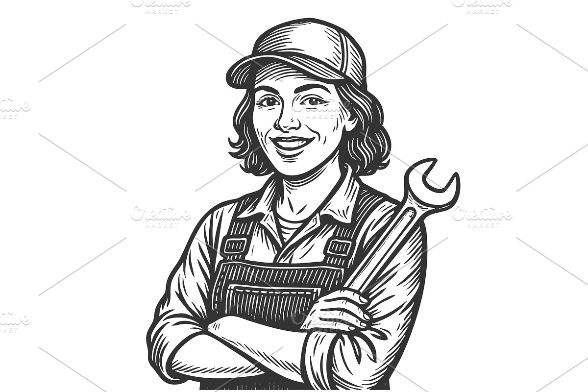 Smiling Female Mechanic with Wrench, an Illustration by AlexArt