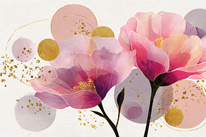 Elegant Pink Flowers Gold Abstract A, a Photo by Pixeness Studio