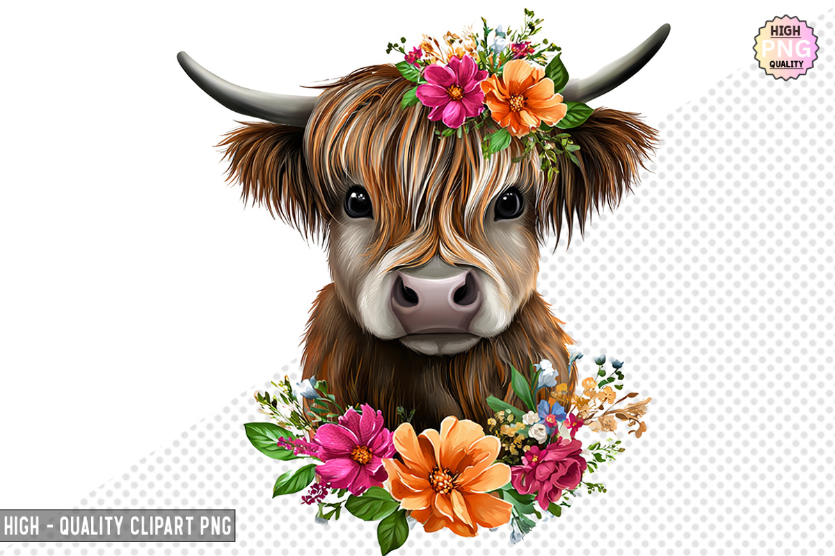 Floral Highland Cow Clipart Bundle, a Graphic by crative8112 (Photo 4 of 8)