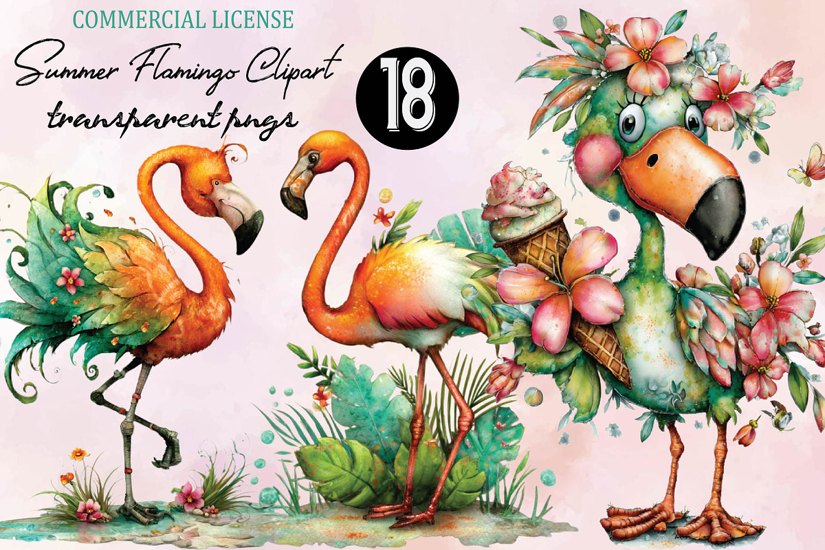Watercolor Summer Flamingo Clipart, an Illustration by SVGArt (Photo 1 of 9)