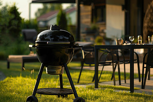 Kettle barbecue grill standing on backyard of private house, a Photo by AlyaAnd