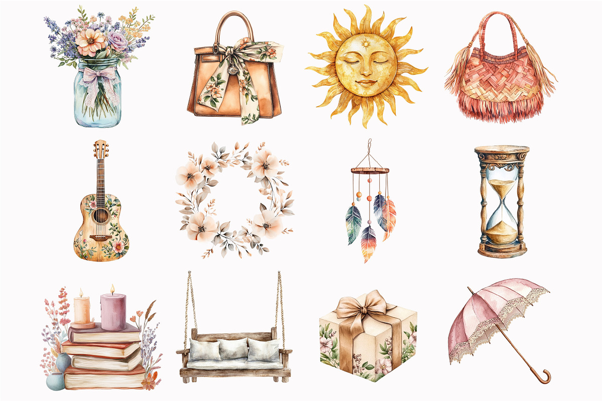 Watercolor Boho Summer Clipart, an Illustration by Design Market (Photo 2 of 5)