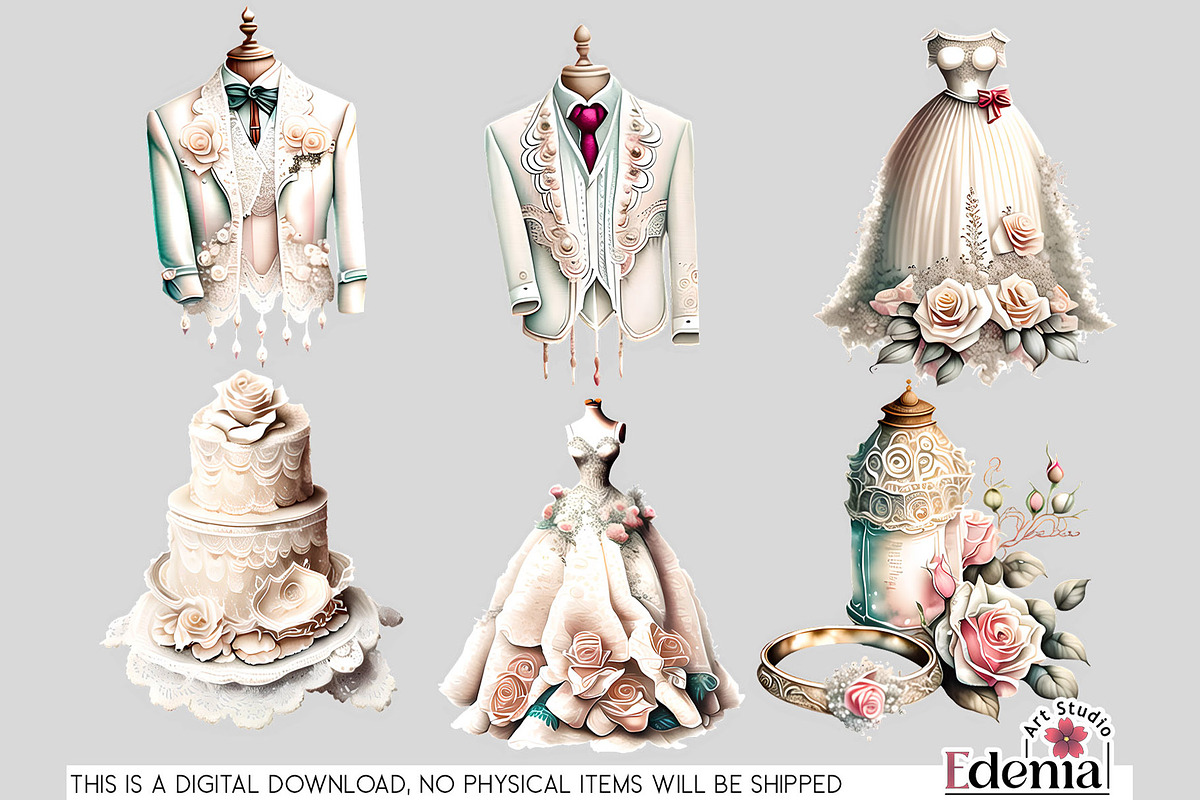 Vintage Romantic Wedding Cliparts, a Seasonal Illustration by EdeniaArtStudio (Photo 4 of 8)