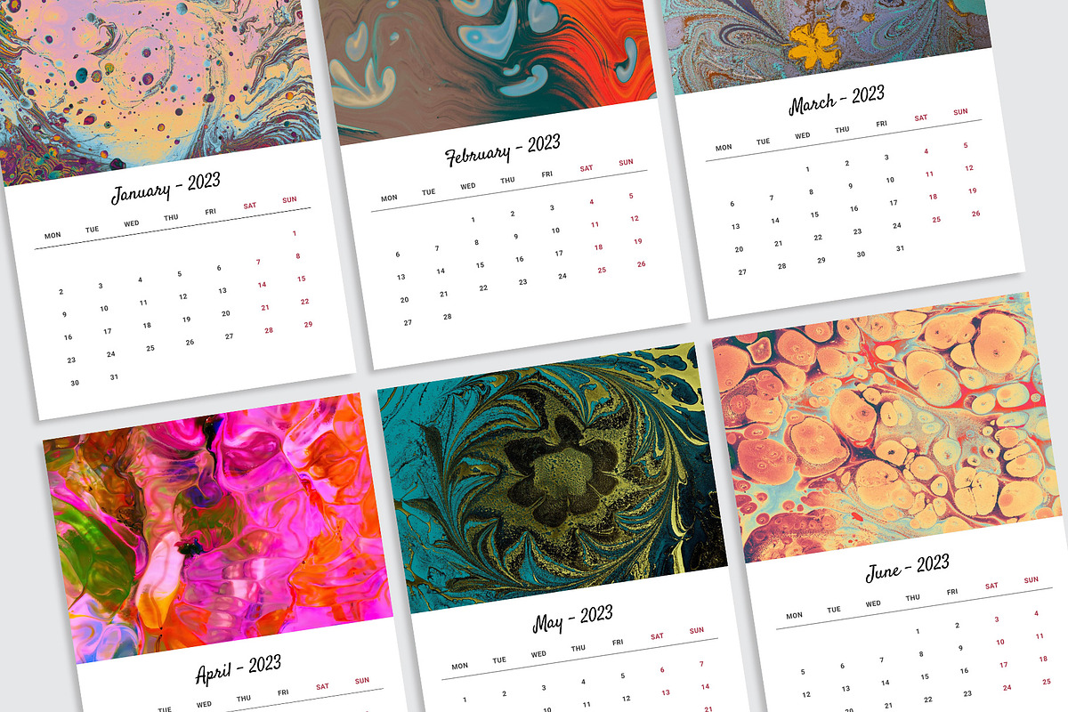 Marbling Art Calendar 2023 InDesign, a Stationery Template by Graphic Fabrica (Photo 8 of 9)