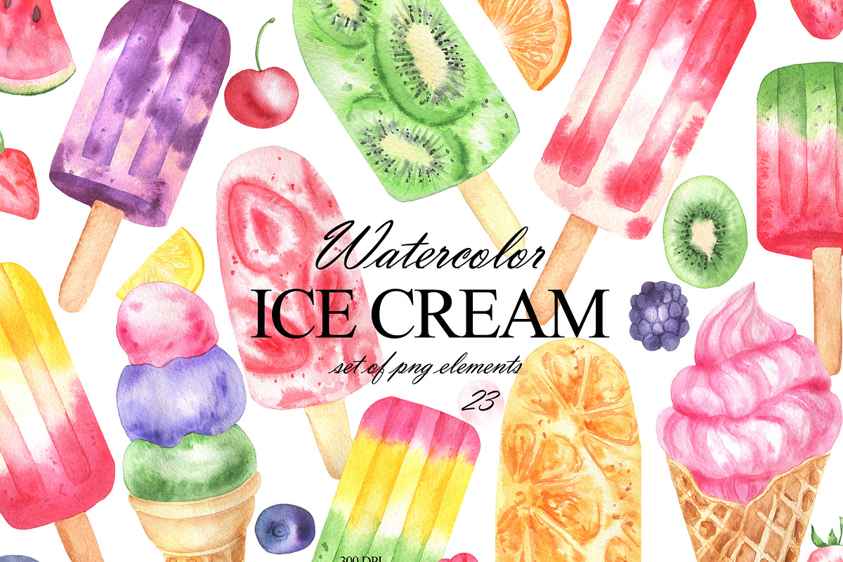 Colorful watercolor ice cream, a Food Illustration by OlDm_Shop (Photo 1 of 10)