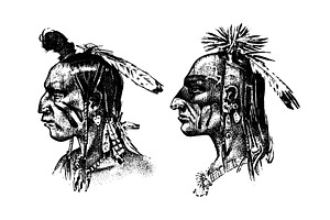 Native American Indian Man With Headdress And Feathers. North Or West Head Mascot Of Sioux. Traditional Culture. Half-face, Engraved Hand Drawn Realis