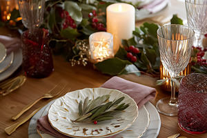 Elegant Christmas dining table setting with festive decor, candles, and beautif, a Food & Drink Photo by Studio ANNA