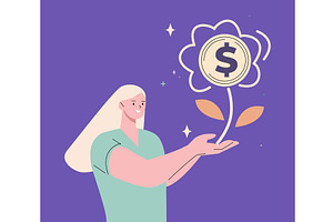 Woman holding golden coin flower, a Finance Illustration by Valerie Bodnar