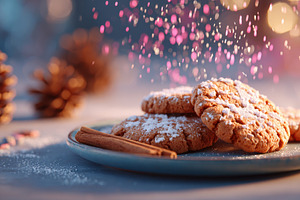 Festive gingerbread cookies on a wooden plate, a Food & Drink Photo by AlyaAnd