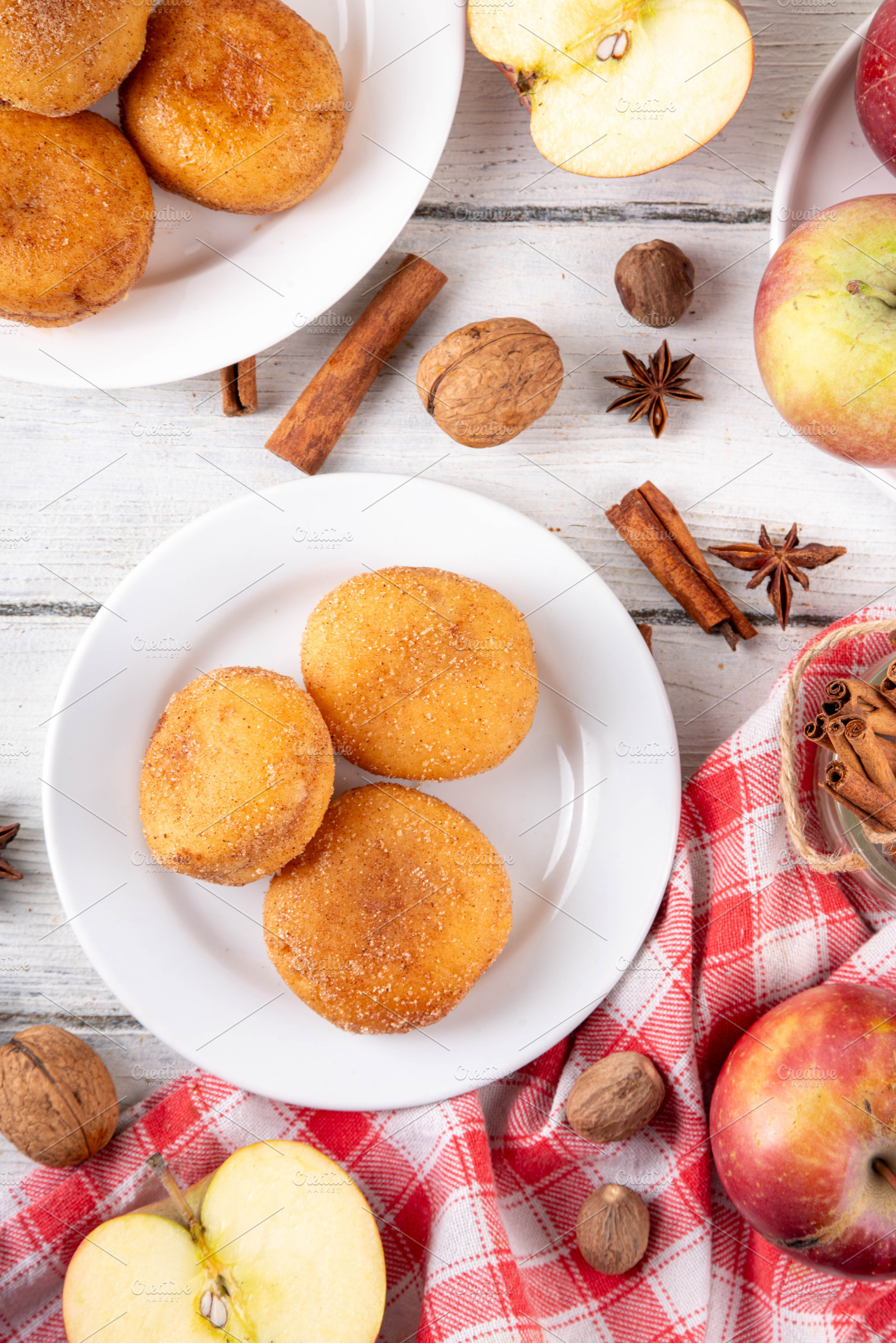 Tasty homemade apple pie autumn tasty donuts with cinnamon sugar, a Food & Drink Photo by Rimma