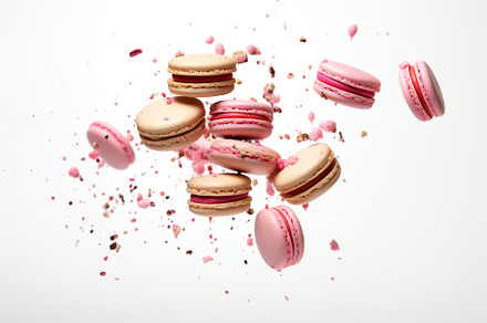 Colorful falling macarons dessert on white background, a Food & Drink Photo by AlyaAnd
