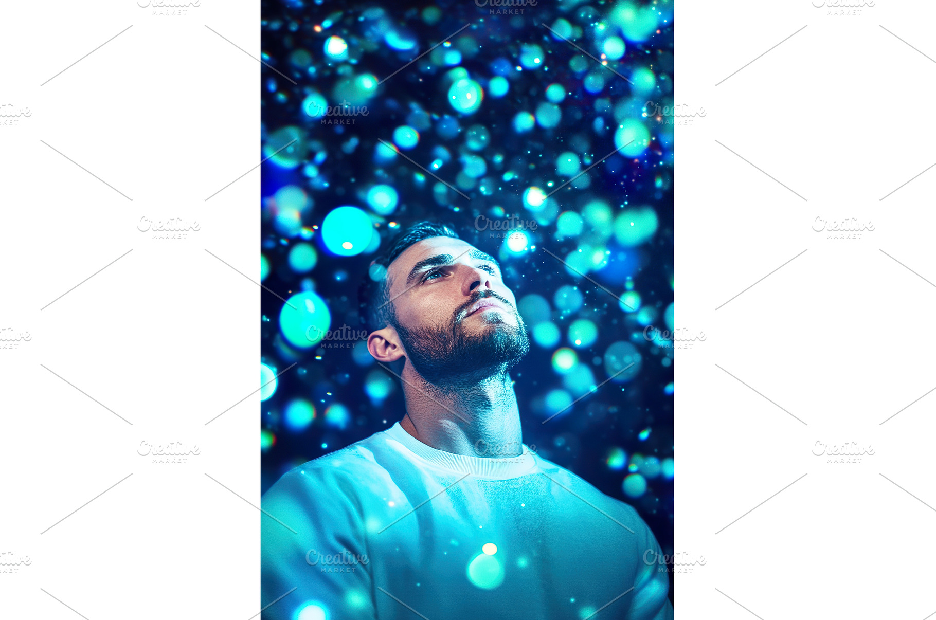 Man Looks Upward into Sparkling Orbs, a Person Photo by Lermont51
