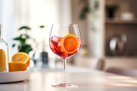 Alcohol cocktail in wineglass on kitchen table, a Food & Drink Photo by AlyaAnd
