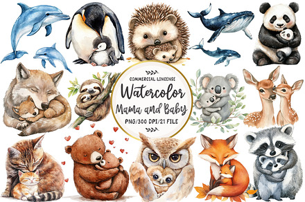Cute Mama and Baby Animals Clipart, an Illustration by OK Design