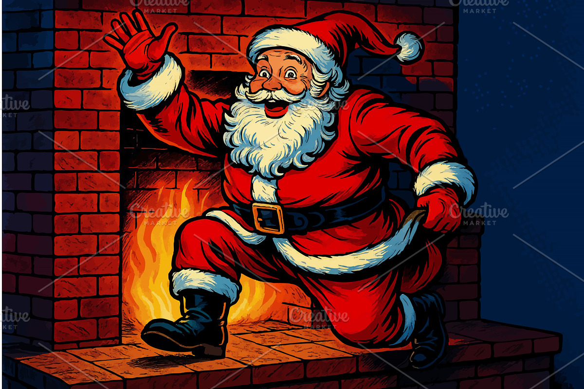 Santa Claus Climbing Down Chimney, an Illustration by AlexArt