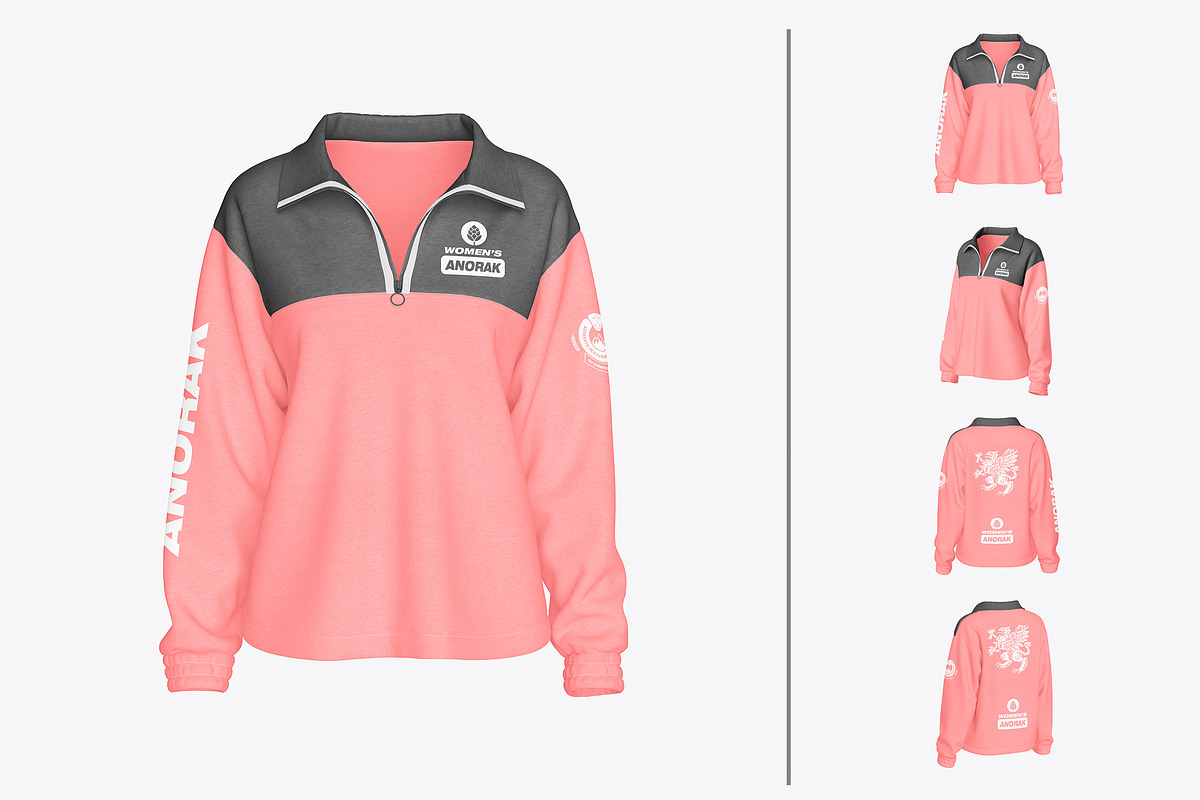 Women Anorak Sweatshirt Mockup, an Advertising Mockup by OneVectorStock (Photo 1 of 2)
