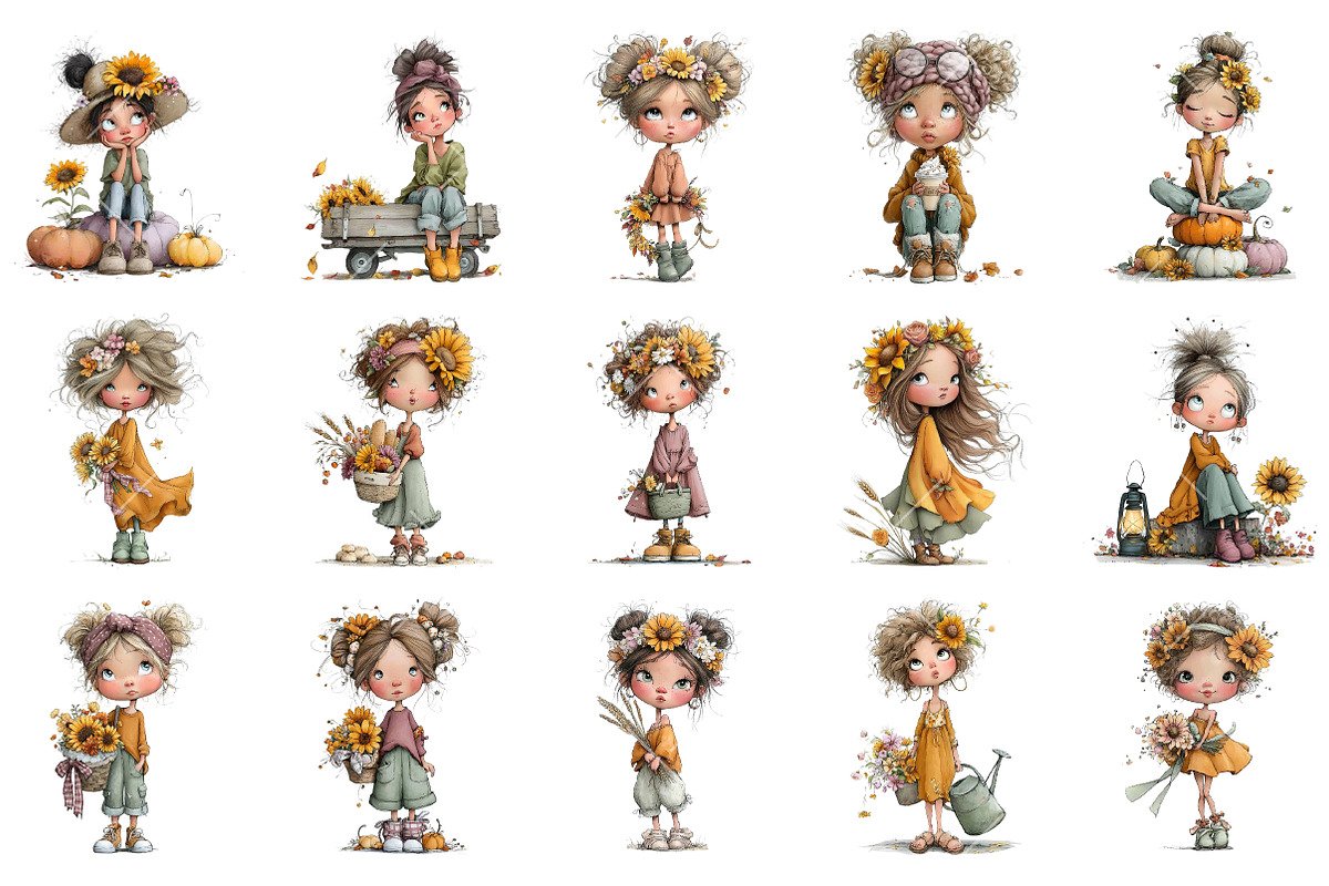 Whimsical Sunflower Girl Clipart, a Seasonal Illustration by OK Design (Photo 3 of 6)