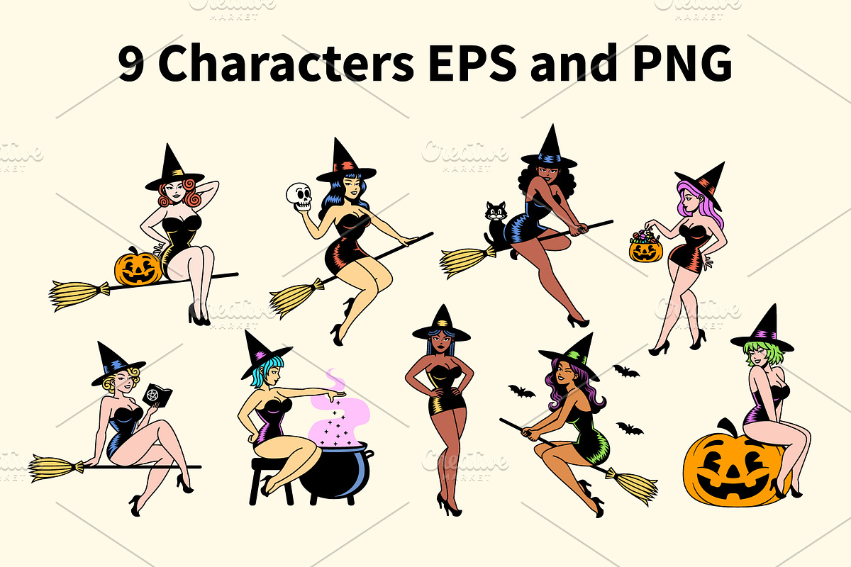Vector 9 Cute Pin Up Witches Cartoon, a Person Illustration by Andres M Rodriguez (Photo 2 of 3)