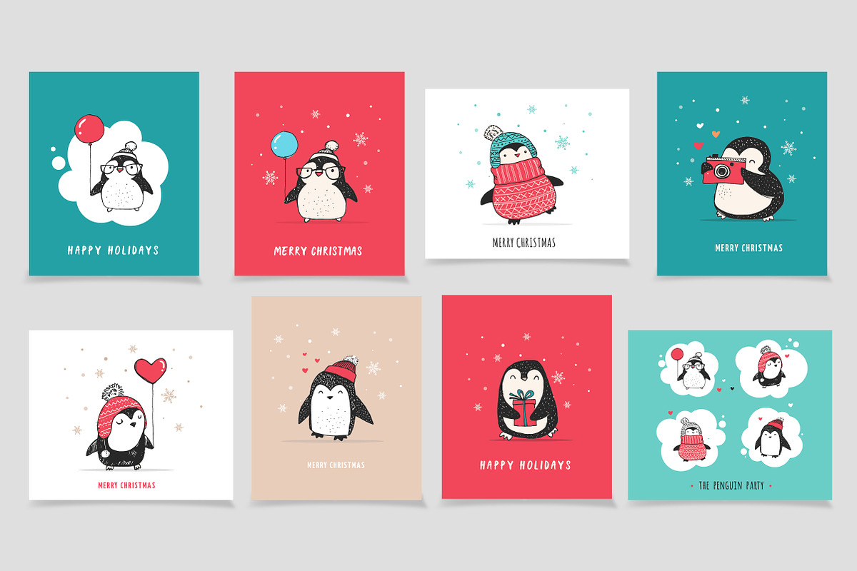 Cute penguin icons, Christmas cards, an Illustration by Marish (Photo 3 of 6)