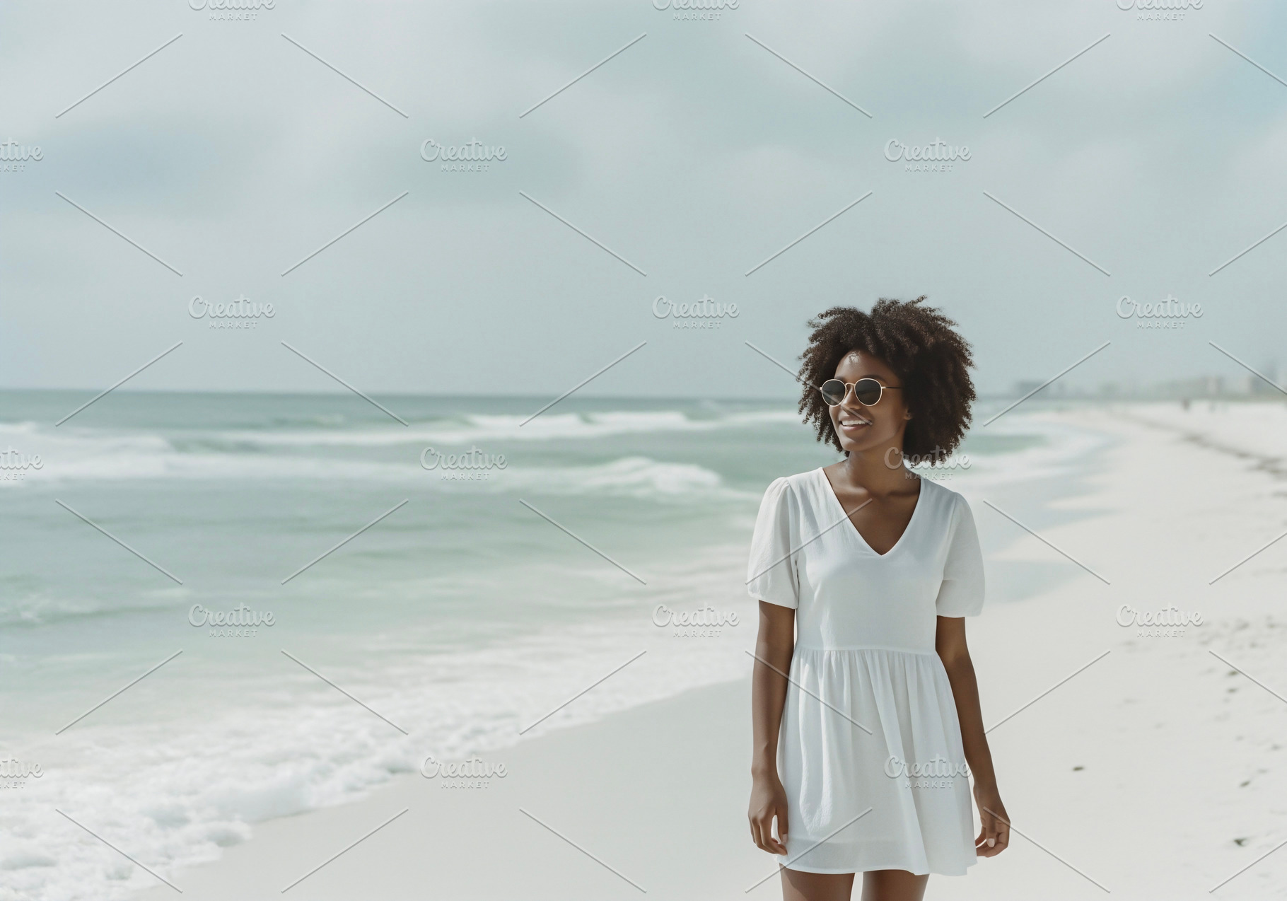 Happy Black woman in a white dress, a Photo by rarrarorro