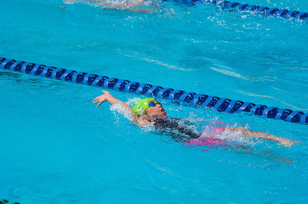Swimmer child swims backstroke swimming style in a race swimming