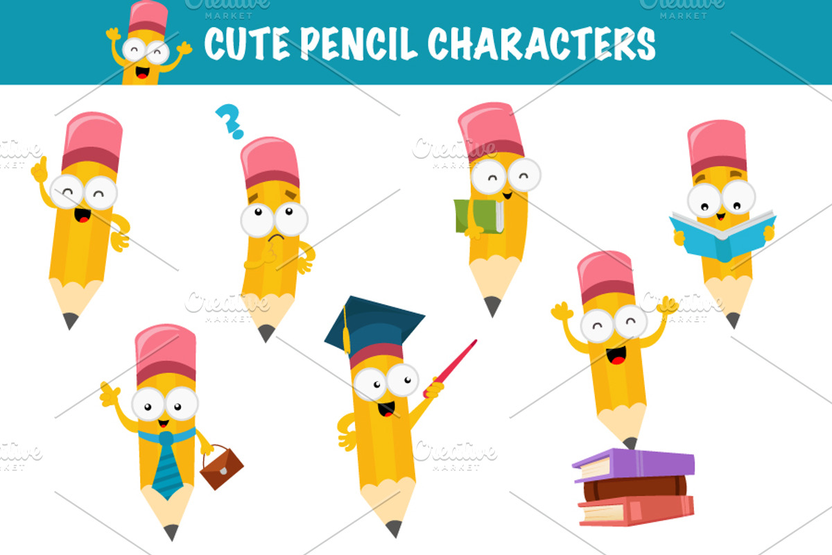 Cute Pencil Characters, an Education Illustration by pinipin