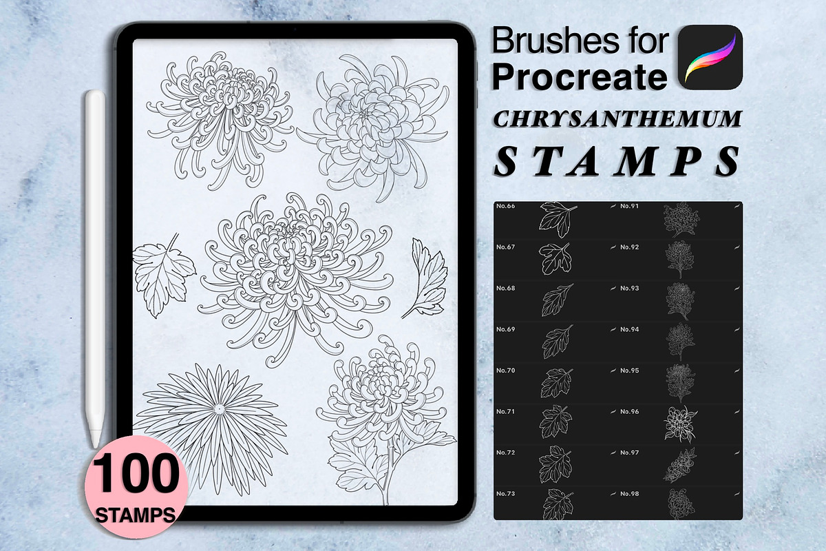 100 procreate chrysanthemum stamps, a Brush Add-On by Arts For Peace (Photo 1 of 9)