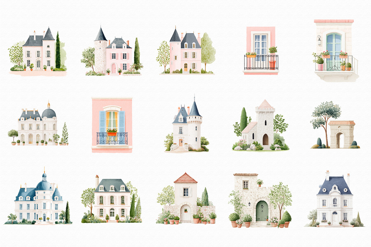 French Chateau Watercolor Clipart, an Illustration by Libby Wishes (Photo 4 of 7)