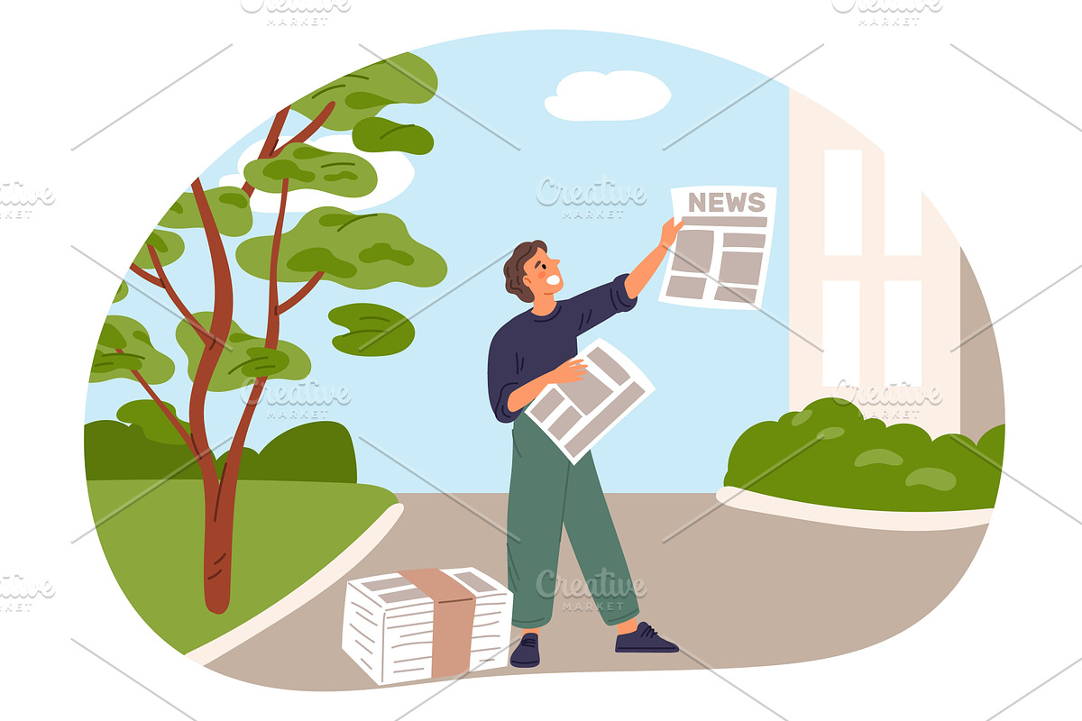 Young man sells paper newspapers, a Person Illustration by Vectorbuum