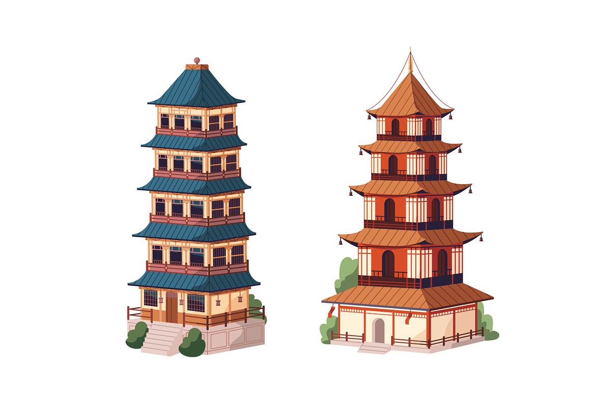 Chinese buildings set + banner, a Decorative Illustration by PaperTrident (Photo 9 of 12)