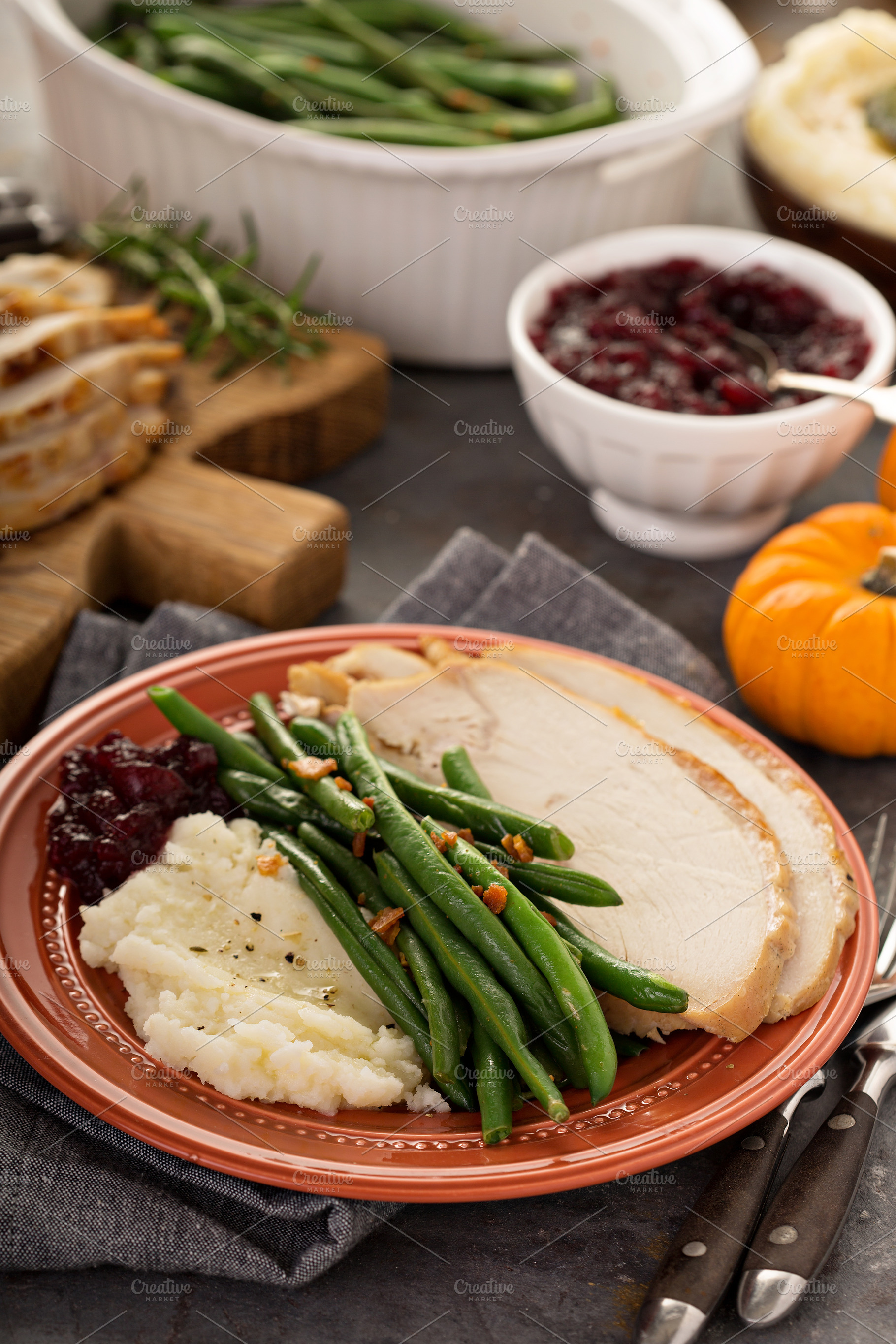 Thanksgiving plate with turkey and sides, a Food & Drink Photo by farwasser