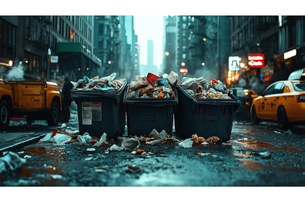 Three overflowing garbage bins on a, an Architecture Photo by Sergey Kotenev