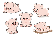 Cute Kawaii Baby Pig Character Set, an Animal Illustration by Artpon Illustration (Thumbnail 2 of 3)