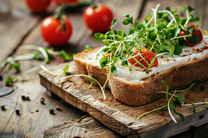 Sandwich with cream cheese, microgreens and tomatoes on wooden table, a Food & Drink Photo by AlyaAnd