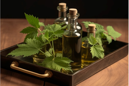 Nettle oil glass bottles. Generate, a Nature Photo by Ylivdesign