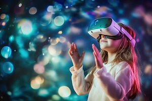 A girl in virtual reality headsets is exploring an engaging digital environment, a Photo by AlyaAnd